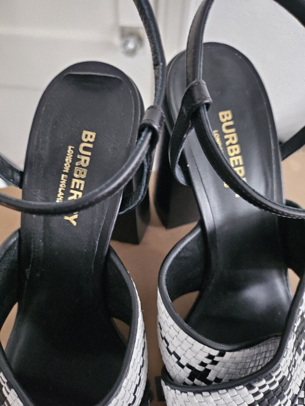Burberry Castlebar Ankle Strap High Heel Sandal Black White - Picture 3 of 7
